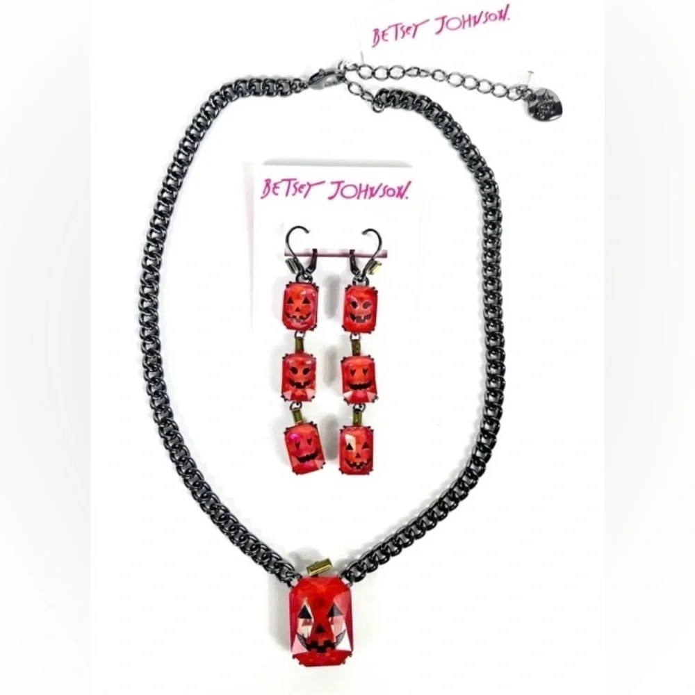 BETSEY JOHNSON SET Jack-o-Lantern Pumpkin Necklace & Earrings Halloween Set NWT